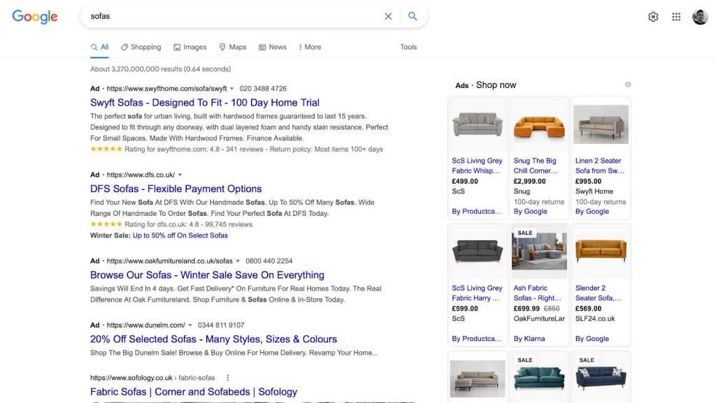 Google shopping ad right column example