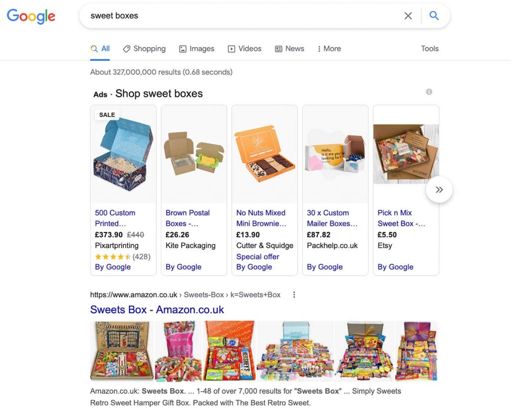 Google shopping ad top row example